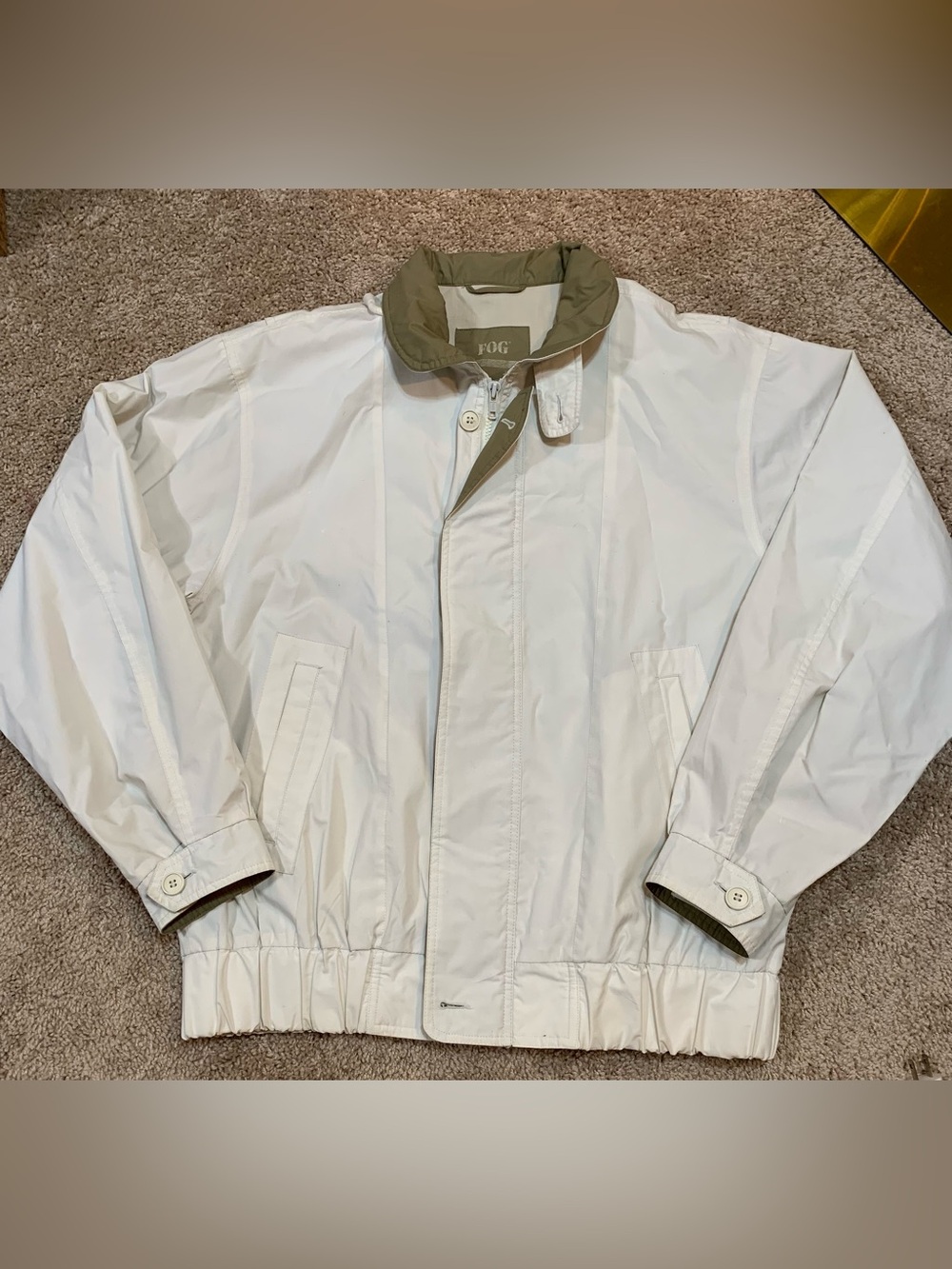 London Fog White Windbreaker with Olive Collar